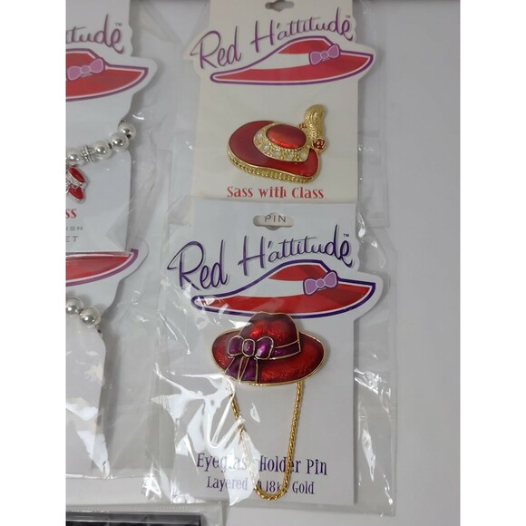 Red Hattitude Lot 2 Bracelet 4 brooches eyeglass holder sterling & 18kt finish - Picture 3 of 9